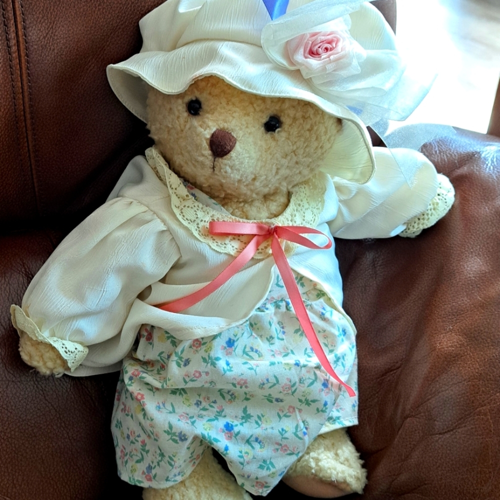 Adorable Teddy Bear with Floral Dress and Hat.  Vintage